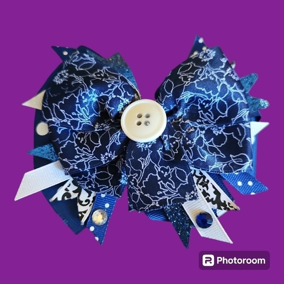 HANDMADE Blue Button Ribbon Coquette Hair Bow Clip - Picture 1 of 5